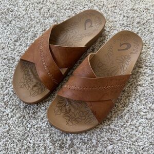 OluKai Women's Brown Crisscross Slide Sandals